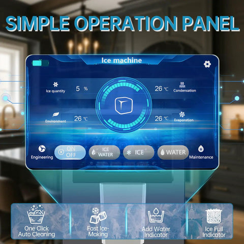 Simple operation panel of Rugged Commercial Nugget Ice Maker Slings 100 Lbs Of Smooth Chewable Pellets Daily With 12 Lb Storage.