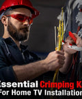 Technician using Pro Grade Coax Cable Crimper Kit For RG6 RG59 RG11 With Adjustable Wire Stripper 3 In 1 Compression Tool