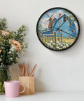 Dead Quiet Sweep Wall Clock With A Sweet Rural Blue Valley Warehouse Vibe Non Ticking Round Timepiece Battery Operated design on a wall.