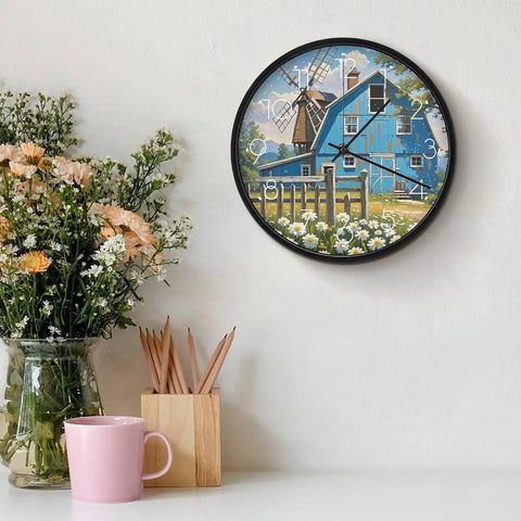 Dead Quiet Sweep Wall Clock With A Sweet Rural Blue Valley Warehouse Vibe Non Ticking Round Timepiece Battery Operated design on a wall.