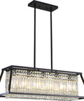 Lit Black Crystal Chandelier Pendant Light For Dining Room And Kitchen Island, 5-Light Rectangular Fixture