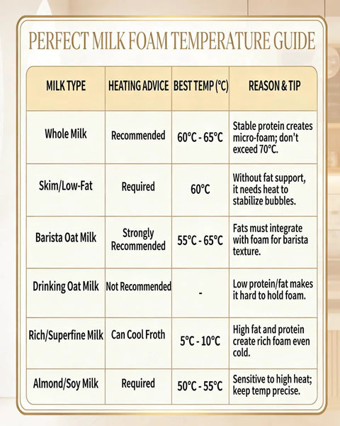 Perfect milk foam temperature guide chart for various milk types with heating advice and optimal temperatures.