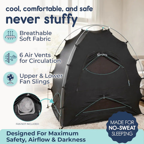 Portable Blackout Tent For Pack And Play Sleep Pod That Blocks 98 Percent Of Light, showing air vents and fan slings.