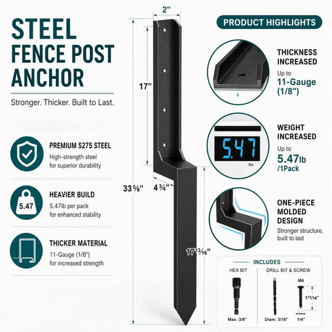 Top Shelf Fence Post Repair Kit Featuring 33 Inch 11 Gauge Thickened Steel Stakes showing a single fence post anchor with dimensions.
