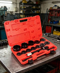 Heavy Duty Bearing Puller Front Wheel Hub Removal And Installation Kit With Press Screw Adapter Cups Push Plates Built From Carbon Steel Hardware For Mechanics Or Weekend Warriors Keep Wallet Happy Pulling Stuck Bearings Without Drama, red case on workbench