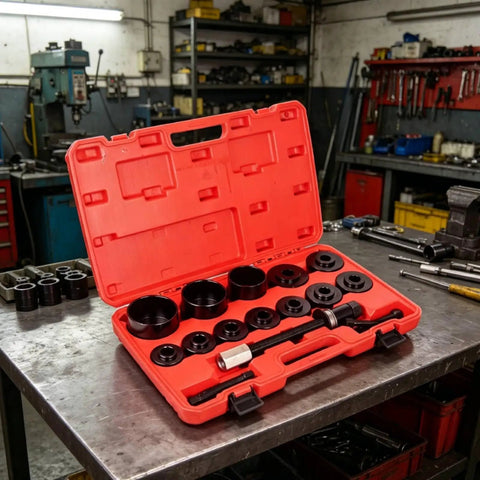 Tough As Nails Durable Heavy Duty Carbon Steel Bearing Puller Kit For Your Front Wheel Hub Removal Press Screw Adapter Rings Sleeves Plates Cups Pros Rip Bearings Out No Sweat Without Breaking Steering Joints On Any Ride Just Fix It Fast red case with carbon steel puller cups