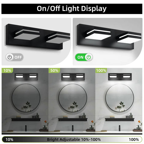 Two Light Bathroom Vanity Light In Matte Black Modern 16W LED Dimmable Over Mirror With 350 Degree Adjustable Head Cold White 6000K ETL Listed 15.5 Inch with on/off display and brightness adjustment illustration