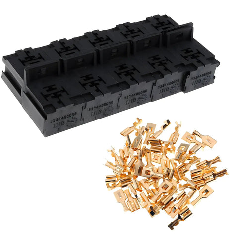 Boss Grade 5 Pin Relay Base Holder Kit With 50 Slick 6.3Mm Automotive Terminals Universal 12V 24V with black relay sockets and brass terminals.