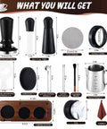 Professional 13 Piece Espresso Kit Featuring 51 Mm Tamper And Wdt Tool For Badass Shots Includes steel frothing pitcher and tools.