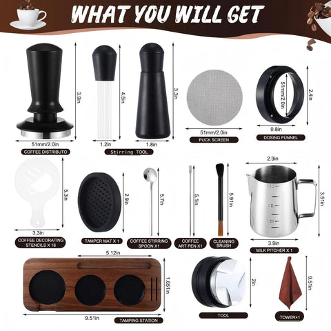 Professional 13 Piece Espresso Kit Featuring 51 Mm Tamper And Wdt Tool For Badass Shots Includes steel frothing pitcher and tools.