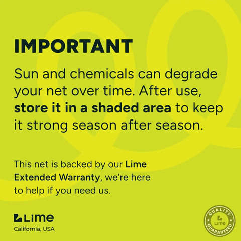 Lime warranty information and care instructions for pool skimmer net; store in shade to prevent degradation, backed by Lime warranty.