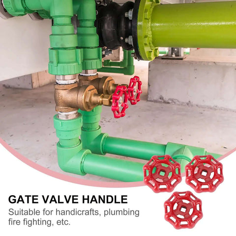 Red Cast Iron Gate Valve Handle Replacement Knob Set Three Pack Flat Bottom Shutoff Hand Wheel For Industrial Fluid Control Applications Workhorse Durable Heavy Duty Assemblies on pipe system