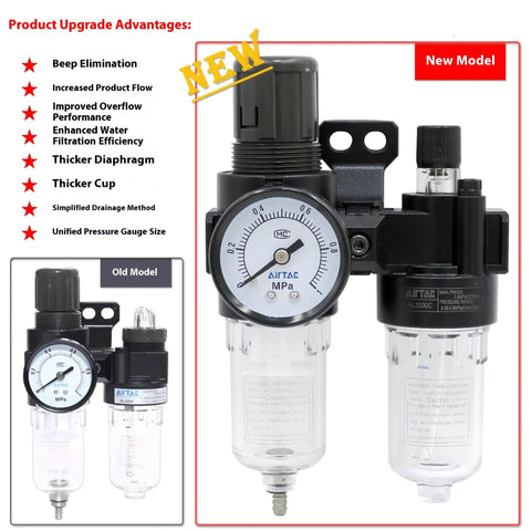 Pro Grade Compressed Air 3 In 1 Filter Regulator Lubricator With Gauge Auto And Semi Auto Drain 1/4 Inch NPT 40 Micron