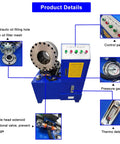 Built Tough Electric Hose Crimper Machine For High Pressure Hydraulic Lines With Forge Steel Head And Ten Precision Dies 220v 4kw, showing control panel and pressure gauge details.
