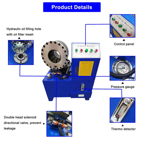 Built Tough Electric Hose Crimper Machine For High Pressure Hydraulic Lines With Forge Steel Head And Ten Precision Dies 220v 4kw, showing control panel and pressure gauge details.