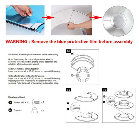 Assembly instructions and parts for Two Pack 33 Inch Patio Heater Reflector Shields Aluminum Dome Top with 3 hole mount.