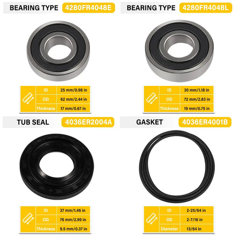 Direct Replacement Front Load Washer Tub Bearings And Seal Kit With Quiet Deep Groove Ball Bearings 4280FR4048E 4280FR4048L 4036ER2004A 4036ER4001B displayed with dimensions