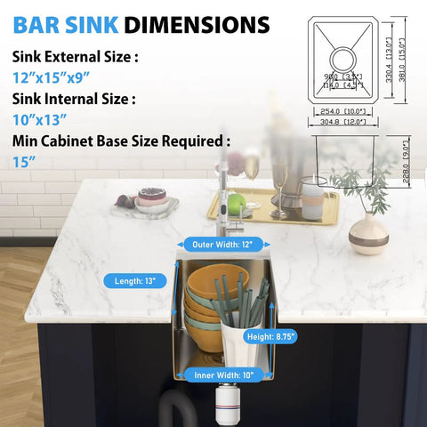 15 x 17 Inch Undermount Bar Sink In 16 Gauge T304 Stainless Steel dimensions and cutout illustration