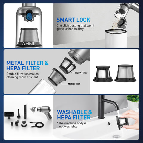 Detailed view of the Cordless Car Vacuum With 20000Pa High Power Suction, showcasing filters and smart lock features.
