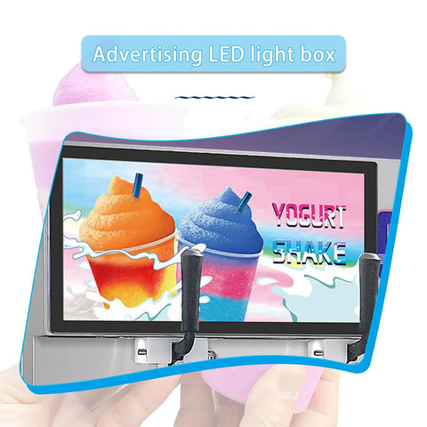 Commercial Dual Tank Ice Slush Machine For Top Shelf Margaritas And Creamy Milkshakes With Smart Freeze Tech and LED light box showing colorful drinks.