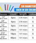 108 Piece Heat Shrink Tubing Kit With Adhesive Lined 3 To 1 Ratio Six Sizes And Six Colors Each Marine Grade Waterproof Insulated Sealed Oil And Wear Resistant For Industrial And Automotive Wire And Cable Repair chart showing sizes and colors.