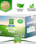 Box of Cozy Egg Nesting Pads For Hens, 8 Pack, 13x13 Inches, eco-friendly aspen, labeled with premium features and eco symbols