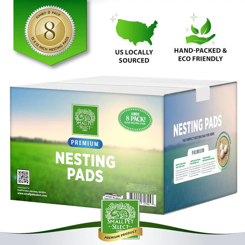 Box of Cozy Egg Nesting Pads For Hens, 8 Pack, 13x13 Inches, eco-friendly aspen, labeled with premium features and eco symbols