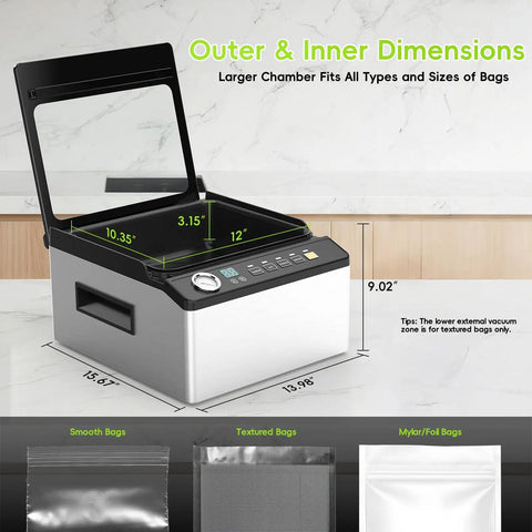 Chamber Vacuum Sealer With Large 6.8 Qt Chamber And 12 Inch Seal Bar For Home Cooks And Pro Kitchens shown with dimensions