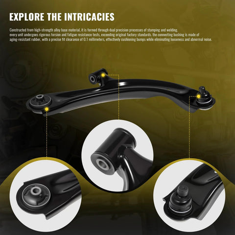 TUCAREST front lower control arm with ball joint; black metal suspension link with bushings and close-up joint views