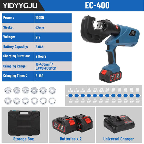 12 Ton Battery Powered Hydraulic Crimping Tool With 12 Dies For 6AWG To 800MCM Lugs Heavy Duty Electric Crimper Copper Motor Fast Prep And High Force Crimping, EC-400