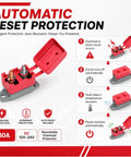 4 Pack 30amp Automatic Reset Circuit Breaker With Cover Dc 12V To 24V Resettable Overload Protector stud type shown with red cover and connections.