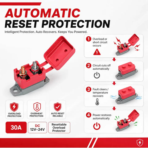 4 Pack 30amp Automatic Reset Circuit Breaker With Cover Dc 12V To 24V Resettable Overload Protector stud type shown with red cover and connections.
