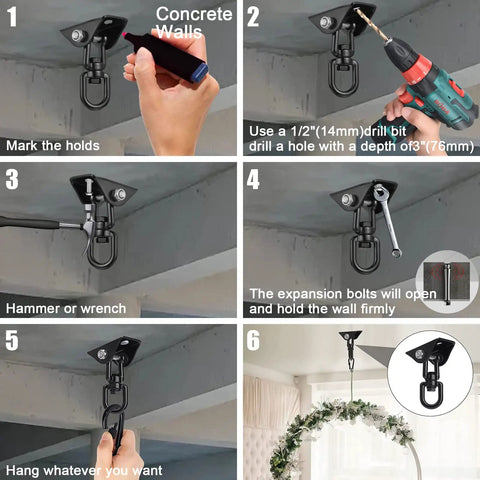 Installation process for Heavy Duty 360 Degree Rotating Hammock Hooks Kit With 1200 Lb Capacity, concrete ceiling mount steps