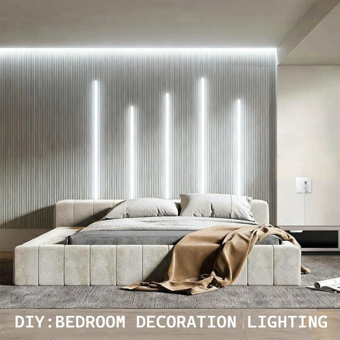Modern bedroom with Dope 12V COB LED Strip Lights Kit With Six In One Self Adhesive Under Cabinet Lighting installed on wall