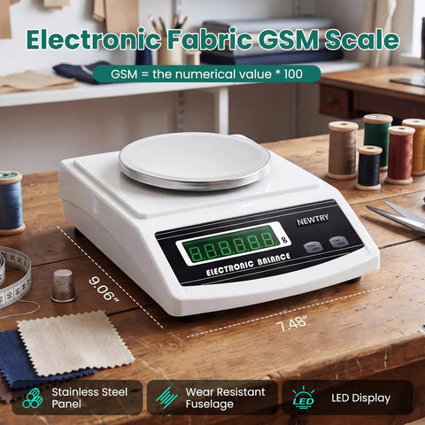 Electronic Fabric GSM Scale With 0-2mm Disc Sampler For Textiles And Nonwoven Fabrics Digital Weight Balance scale on table.