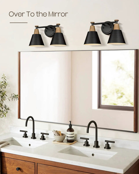 Two Pack Matte Black Vanity Light Fixtures With Hammered Metal Shade Over Mirror in Modern Bathroom