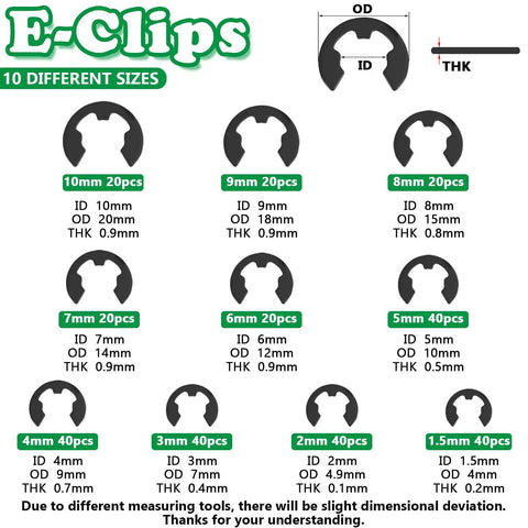 DIY Ready Snap Ring Kit For Every Job Includes 502 C Clips 300 E Clips 31 Sizes Alloy Steel Retaining Rings Plus 5 Pliers And 1 Tweezer For Auto Motorcycle And Home Repairs - E Clips size chart.