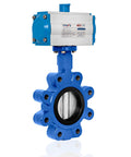 Heavy Duty 6 Inch Double Acting Pneumatic Butterfly Valve With Lug Mount And Quick Response Actuators, blue casting, stainless disc, for industrial use.