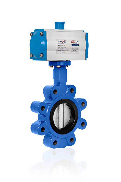 Heavy Duty 6 Inch Double Acting Pneumatic Butterfly Valve With Lug Mount And Quick Response Actuators, blue casting, stainless disc, for industrial use.