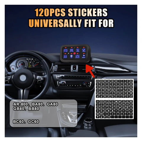 Dashboard view with 120 Piece Car Switch Panel Sticker Kit With 0.7 By 0.58 Inch Labels for Auto Dash Panels displayed