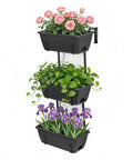 Three Tier Vertical Hanging Railing Planter Box Gives Your Deck A Fresh New Look with pink roses, green plants, and purple irises.