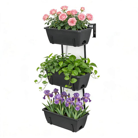 Three Tier Vertical Hanging Railing Planter Box Gives Your Deck A Fresh New Look with pink roses, green plants, and purple irises.