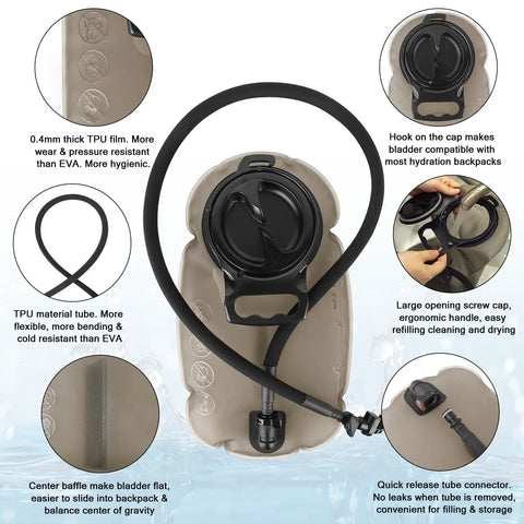 Go-To Hydration Bladder 1.5L 2L 3L With TPU Leakproof Water Reservoir showcasing features and design details for outdoor use