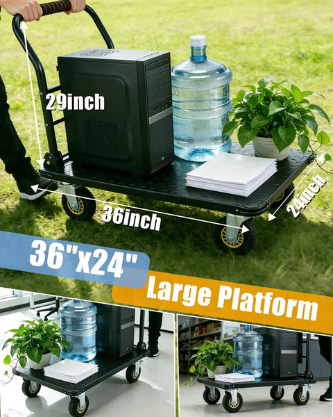 Beefy 1800 Lbs Steel Platform Cart With 36x24 In Deck For Warehouse Hauling And Home Shop Use Heavy Duty Utility Cart To Move Boxes Equipment Appliances And Pallets Stable Rolling With Locking Casters And Easy Grip Handle, 36x24 steel platform cart carrying PC, water jug and plant