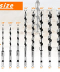 Image showing Eight Piece Wood Auger Drill Bit Set For Wood Plastic Drywall And Composite Materials Sizes 1/8 To 1/2 Inch With 1/4 Inch Hex Shank Made From 1045 Carbon Steel For Tough Wood Projects, with individual bits labeled by size, lengths of 4 and 6 inches visible.