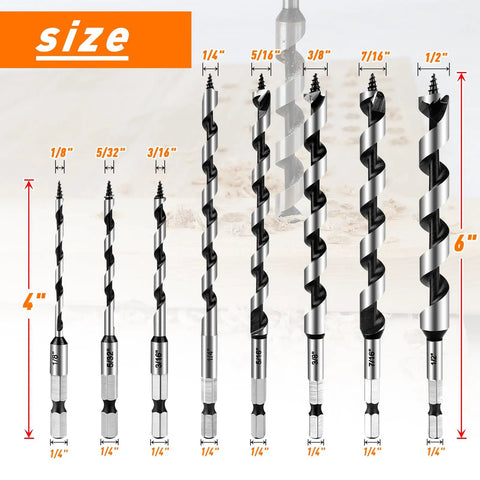 Image showing Eight Piece Wood Auger Drill Bit Set For Wood Plastic Drywall And Composite Materials Sizes 1/8 To 1/2 Inch With 1/4 Inch Hex Shank Made From 1045 Carbon Steel For Tough Wood Projects, with individual bits labeled by size, lengths of 4 and 6 inches visible.