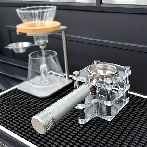 Premium Clear Acrylic Espresso Tamper Station With Adjustable Height and Solid Portafilter Holder on countertop.