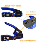 RJ45 Pass Through Crimp Tool for Cat6 and Cat5e Ethernet Cables, showing lock and unlock functionality, blue handle