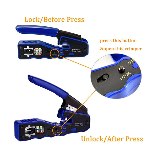 RJ45 Pass Through Crimp Tool for Cat6 and Cat5e Ethernet Cables, showing lock and unlock functionality, blue handle