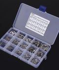 Open storage box showing Stainless Steel E Clip Set 300 Pcs Assortment Kit M One Point Two Through M Fifteen with labeled compartments.